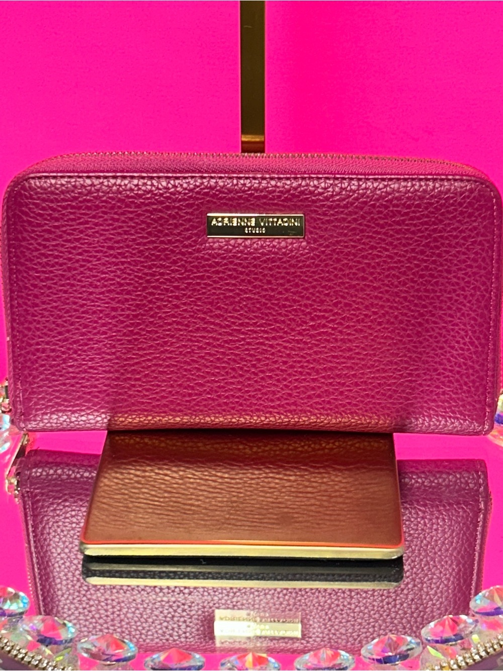 Adrienne Vittadini Fuchsia Pebbled Leather Zip Around Wallet Approx. 8 x 4